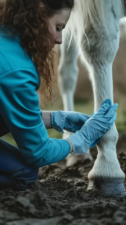 Veterinaria revisando la extremidad de un caballo con guantes en un entorno rural.
