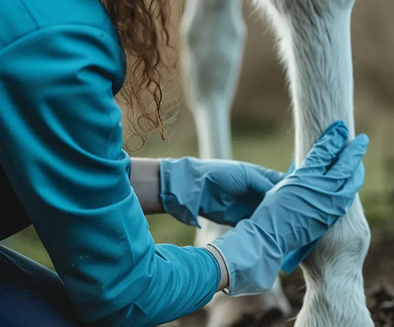Veterinaria revisando la extremidad de un caballo con guantes en un entorno rural.