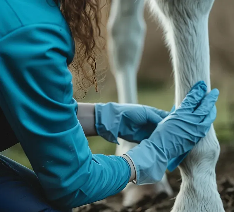 Veterinaria revisando la extremidad de un caballo con guantes en un entorno rural.