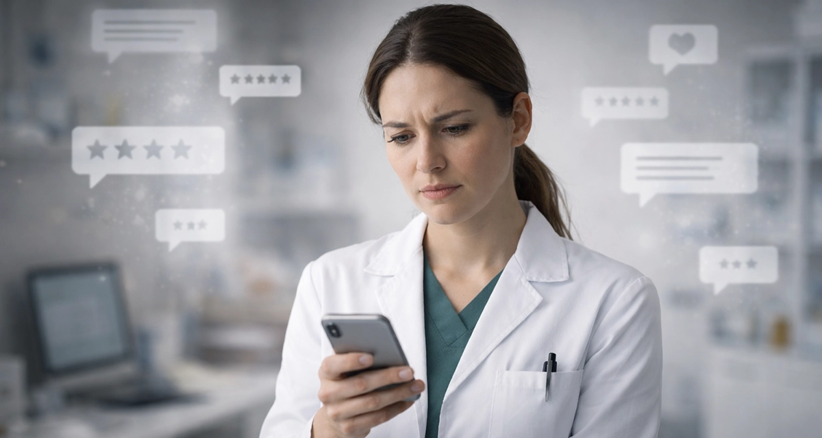 Veterinaria revisando acusaciones de negligencia veterinaria en redes sociales desde un teléfono móvil